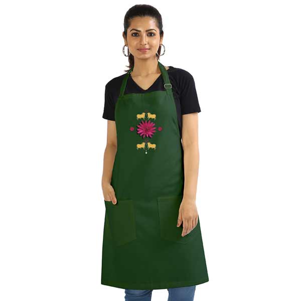 Folk Art Pichwai Cows | Cotton Artist Apron Bottle Green